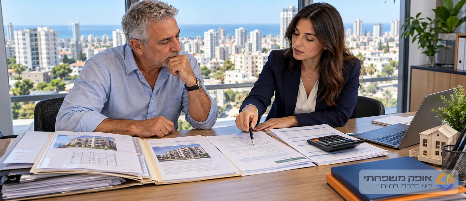 מוכר דירה בודק עם יועץ את חישוב מס השבח על הרווח
